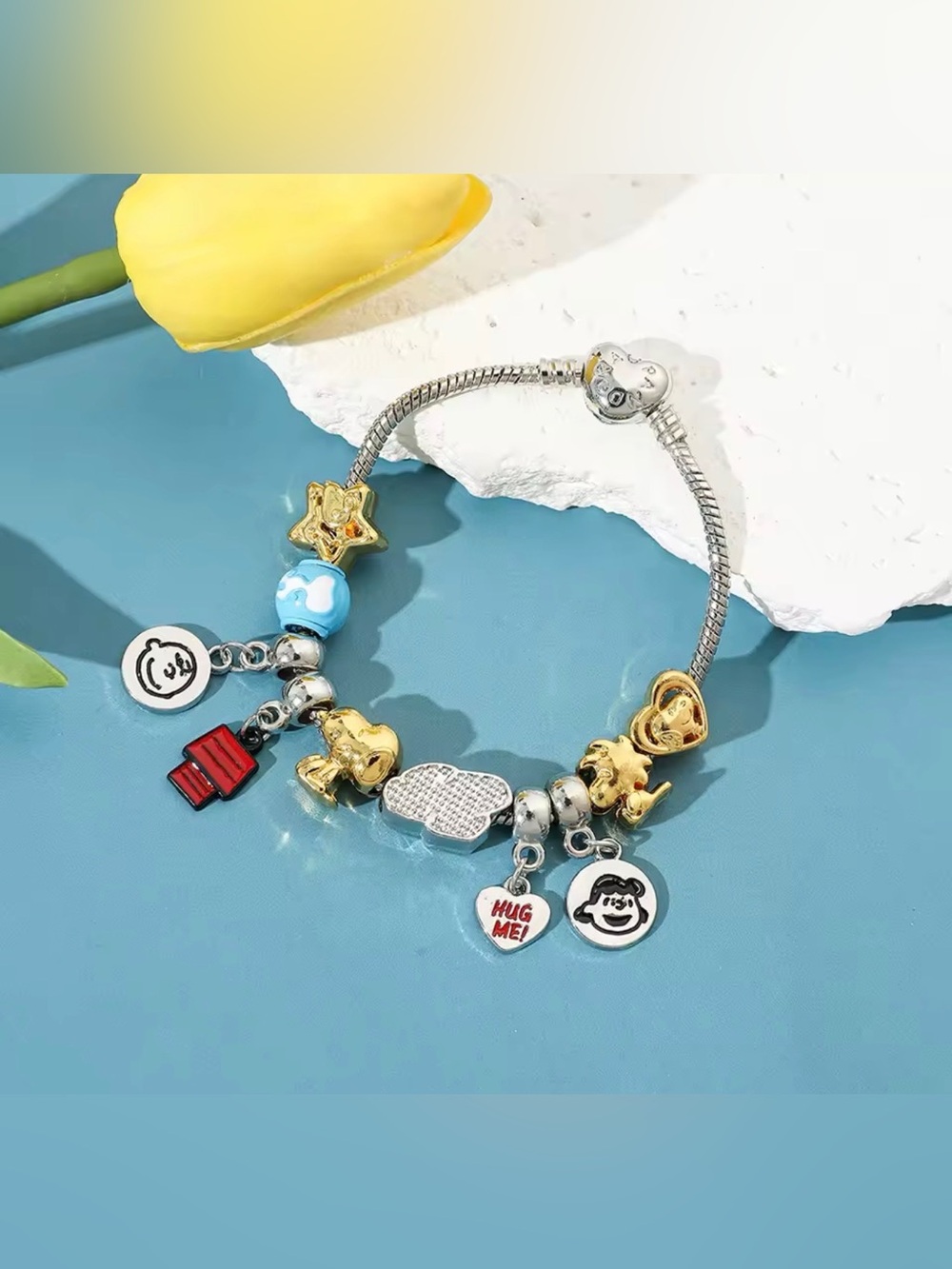 Italian Charm Bracelet Gold /Silver Tone Accents HUG ME Heart + 10 Charms NWOT